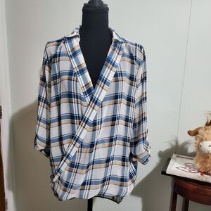 Chic Happenings Plaid Surplice Blouse S Blue Tan Wrap V Neck Roll Tab Sleeve Top